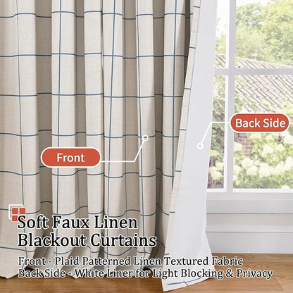 Navy Blue Plaid Linen Blackout Curtains for Bedroom - Boho Style Curtains Thermal Insulated, Pattern Printed Rustic Drapes Window Treatments for Farmhouse, 52x63 Inch 2 Panels
