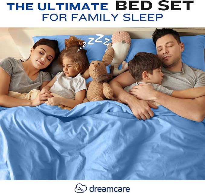 DREAMCARE Full Size Sheets - Cooling Bed Sheets - 4pcs Set - up to 15" Deep Pocket Full Sheet Set - Sheets Full Size Bed - Soft & Long Lasting 100% Fine Brushed Polyester with Side Pocket - LightBlue