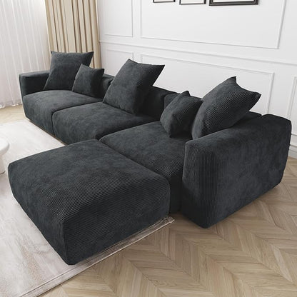 JACH Modern Corduroy Sectional Couch, Modular Sectional Sofa with Chaise Ottoman, Cushion Covers Removable, Oversized Deep Seat Soft Couches for Living Room, Office (Black)