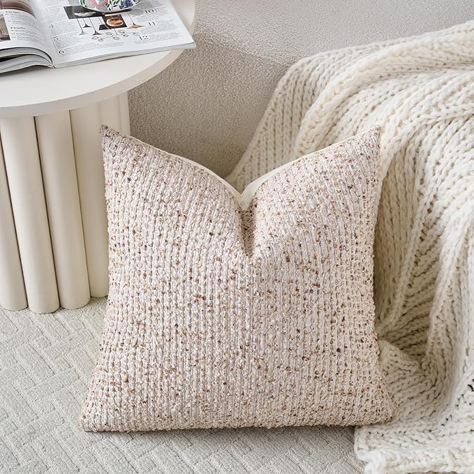 Striped Throw Pillow Covers 24x24 Set of 2 Beige Textured Boucle Chic Morden Boho Accent Farmhouse Square Decorative Couch Pillow Covers for Home Decor Bed Sofa Living Room