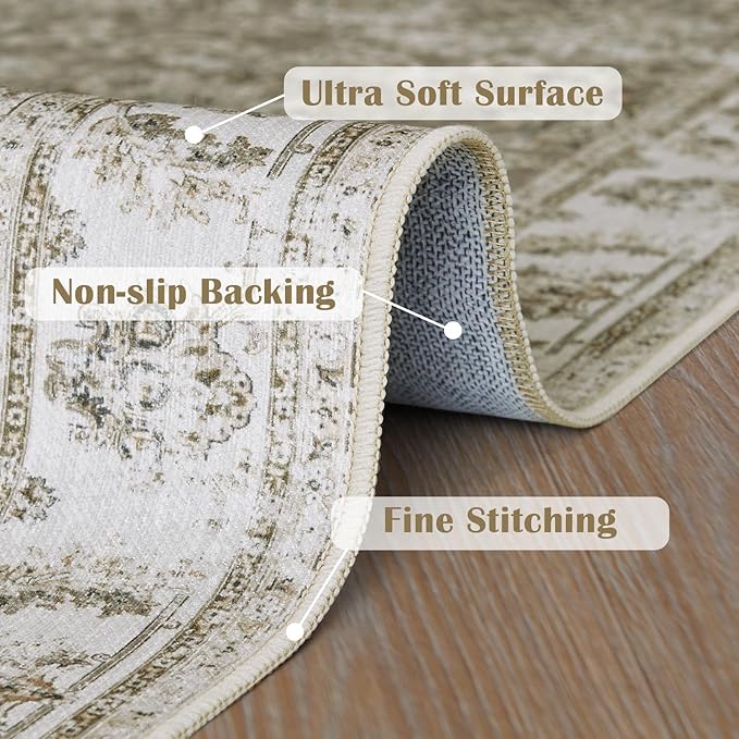 jinchan Fiora Runner Rug 3x10-2pcs Kitchen Washable Vintage Hallway Rug Floral Print Floor Cover Indoor Thin Retro Mat Accent for Bathroom Laundry Room Bedroom Office Farmhouse (Double, Taupe)
