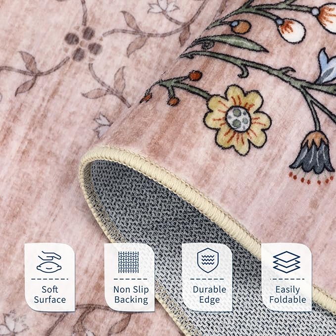 GarveeHome 8x10 Washable Floral Area Rugs for Living Room: Modern Floral Non Slip Large Area Rugs for Bedroom, Large Machine Washable Living Room Low Pile Carpet with Non-Slip Backing Pink 8'x10'.