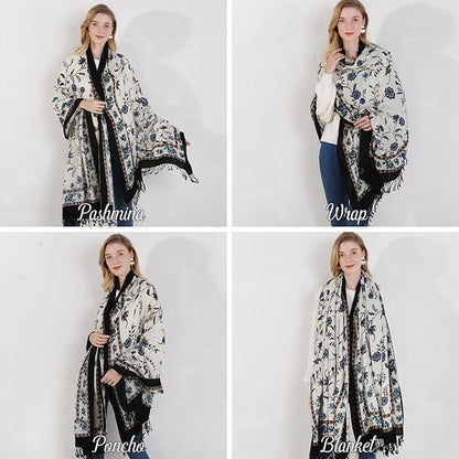 DANA XU 100% Merino Wool Pashmina Shawl for Women 96"x43", Oversized Cashmere Wrap with Tassels, Floral Travel Blanket Cape