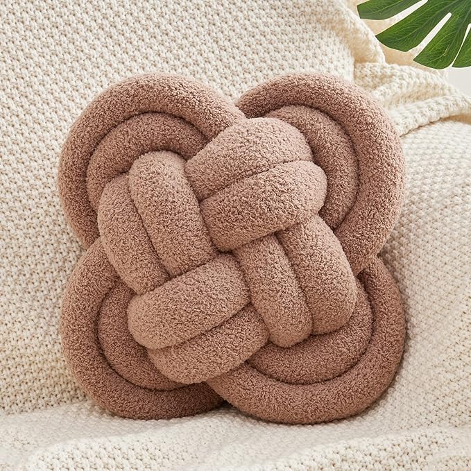 Xiashrk Knot Pillow Ball, 12" Soft Decorative Throw Pillows for Couch Bed, Dark Khaki Knotted Plush Throw Pillow Handmade Square Cushion Home Couch Decor Pillows for Living Room