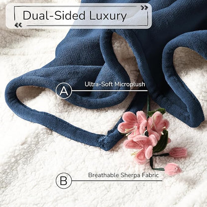 Electric Heated Blanket Queen Size 84"x90" - Dual-Sided with Microplush & Sherpa Fabric, 4 Heat Settings & 10 Hours Auto Off, Dual Controller, Machine Washable - Dark Blue