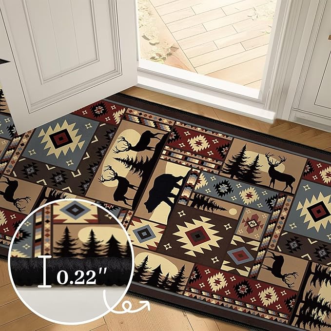 Rustic Rug for Bedroom,Cabin Wildlife Area Rug 4x6 Carpets Runner for Living Room,Buffalo Plaid Bear Moose Deer Country,Washable Throw Rugs Indoor Doormat Non Slip Floor Mats for Dining Room,Laundry