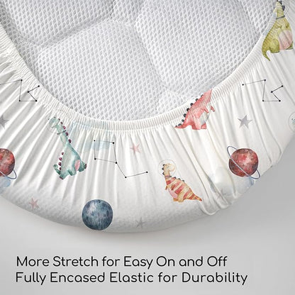 Nap Mat Sheet 47"x24", 3 Pack Dinosaur Baby Crib Sheets Fitted Elastic Corners, Preschool Day Care Rest Mat Cover, Soft Breathable - Compatible with Regalo My Cot, Joovy Travel Cot