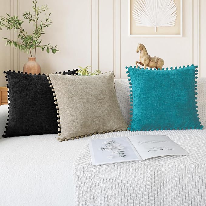 CaliTime Throw Pillow Covers Decorative 20 X 20 Inches Pack of 2 Cozy Solid Dyed Soft Chenille Cushion Cases with Pom Poms for Couch Sofa Bed Living Room Home Lake Blue