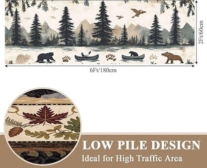 Retro Bear Claw Mountain Runner Rug 3.3x7ft with Elk Cabin - Non-Slip Bohemian Rug, Washable Floor Mat for Balcony Corridor, River Landscape Art