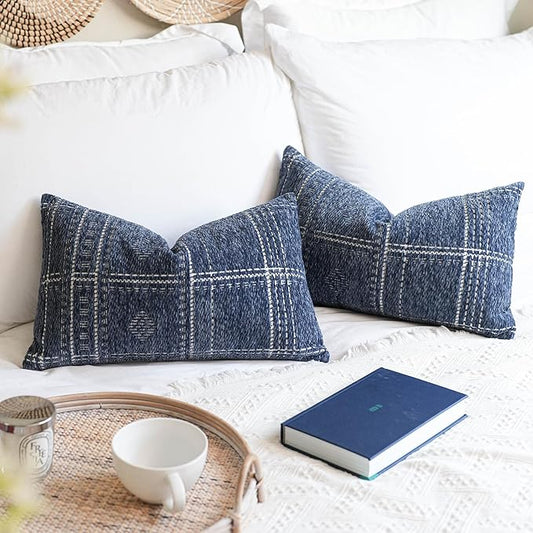 BlissBlush Dark Blue Decorative Lumbar Throw Pillow Covers 12X20, Set of 2, Boho Farmhouse Cushion Cover, Soft Accent Pillowcase for Couch Sofa Bed Living Room Home Décor