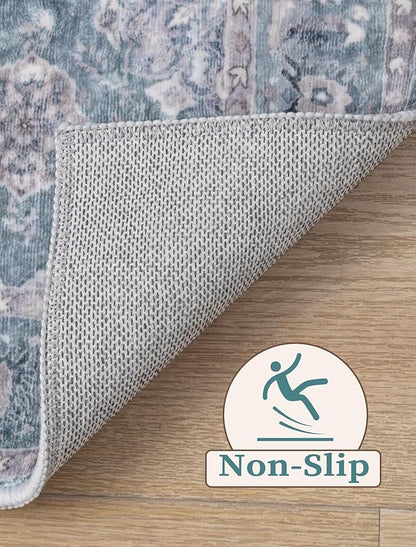 SERISSA Boho Washable Runner Rug, 2'6"x10' Long Non-Slip Vintage Floral Hallway Kitchen Stair Runner Rug Ultra Soft Print Distressed Blue Grey Floor Carpet for Bathroom Laundry Room