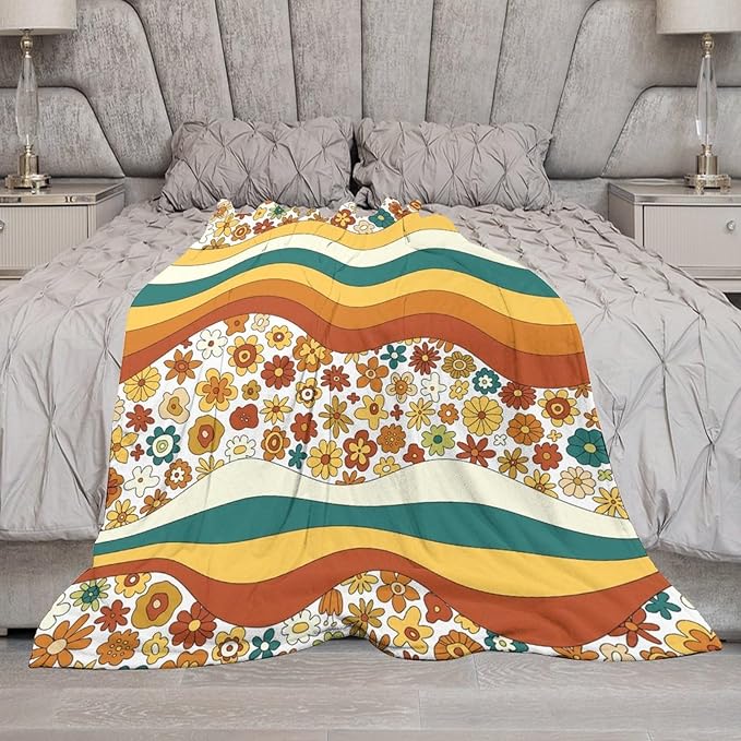 70s Retro Floral Throw Blanket, Boho Groovy Wavy Geometric Hippie Cute Flowers Yellow Orange Abstract Print Blanket for Holiday Theme Home Decor Bedding Couch and Gift 60"x80"