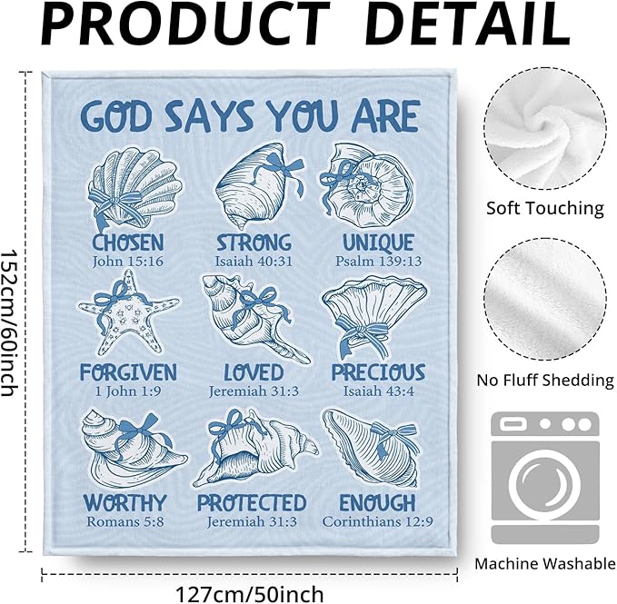 Blue Christian Blanket, God Says You are Bible Verse Preppy Beach Seashell Throw Blankets for Girly Room Bedroom Dorm Couch Bed Decor, Religious Coastal Inspirational Blanket, 50x60 Inch