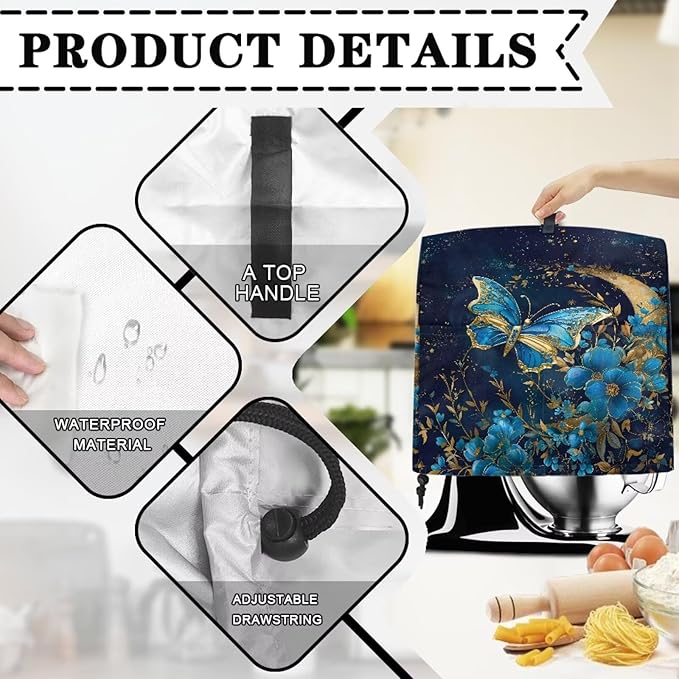 Blue Butterfly Flower Mixer Covers Dust Mixer Covers for Stand Mixer Kitchen Counter Mixer Parts & Accessories Decor for Kitchen Kid Mixer Cover