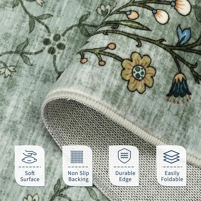 GarveeHome 9x12 Washable Floral Area Rugs for Living Room: Modern Floral Non Slip Large Area Rugs for Bedroom, Large Machine Washable Living Room Low Pile Carpet with Non-Slip Backing Green 9'x12'.
