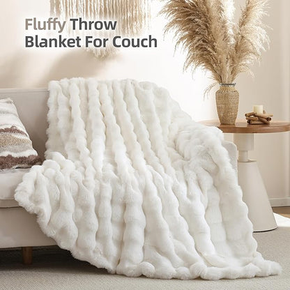 Smoofy Faux Fur Throw Blanket for Couch – Cream White Fluffy Cozy Rabbit Fleece, Plush Soft Bubble Blanket for Sofa & Bed, for Mom, Warm Fuzzy Home Room Decor Throw 60" x 80"