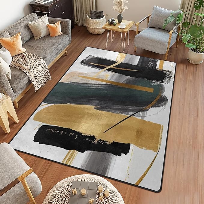 9CH Fashion Modern Area Rug 6' x 9', Abstract Art Painted Black White Gold Foil Modern Artwork Area Rug for Living Room Bedroom Dining Room