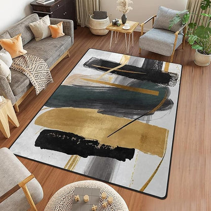 9CH Fashion Modern Area Rug 6' x 9', Abstract Art Painted Black White Gold Foil Modern Artwork Area Rug for Living Room Bedroom Dining Room
