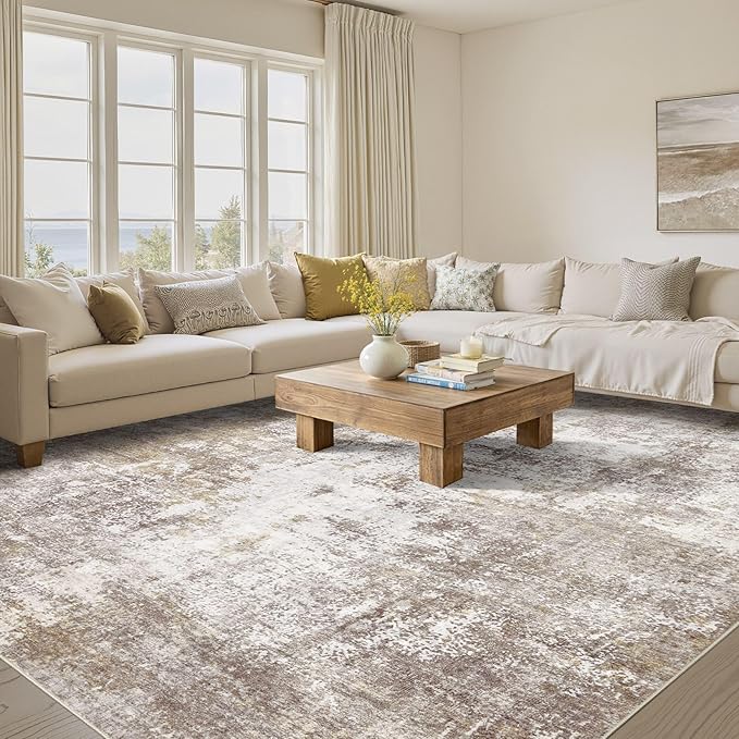 Washable 7x9 Area Rug: Modern Abstract Soft Non-Slip Indoor Rugs Home Decor - Low Pile Stain Resistant Foldable Carpet for Living Room Bedroom Dining Room Playroom(Golden Brown,7'x9')