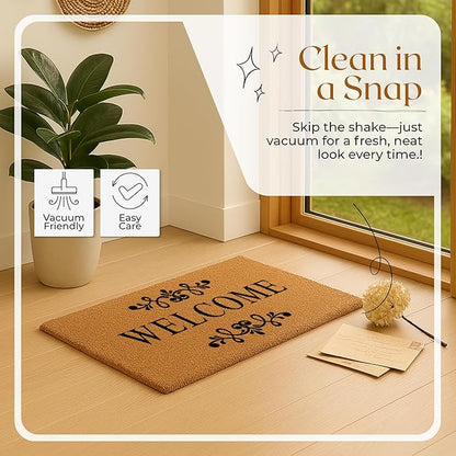 Coir Door Mats 17" X 30", Non-Slip Sturdy, PVC Backed Heavy Duty, Easy to Clean, Ideal for Door Entrance, Patio, Porch, Backyard, Garages, Welcome Floral Border