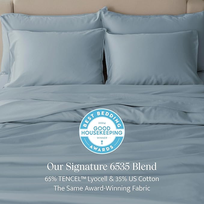 Double Stitch Cotton Tencel Duvet Cover - Queen Size Comforter Cover, Luxury & Soft Eucalyptus Lyocell Bedding Set for Hot Sleepers, Cooling & Breathable, Button Closure, Sterling Blue, 90"x90"