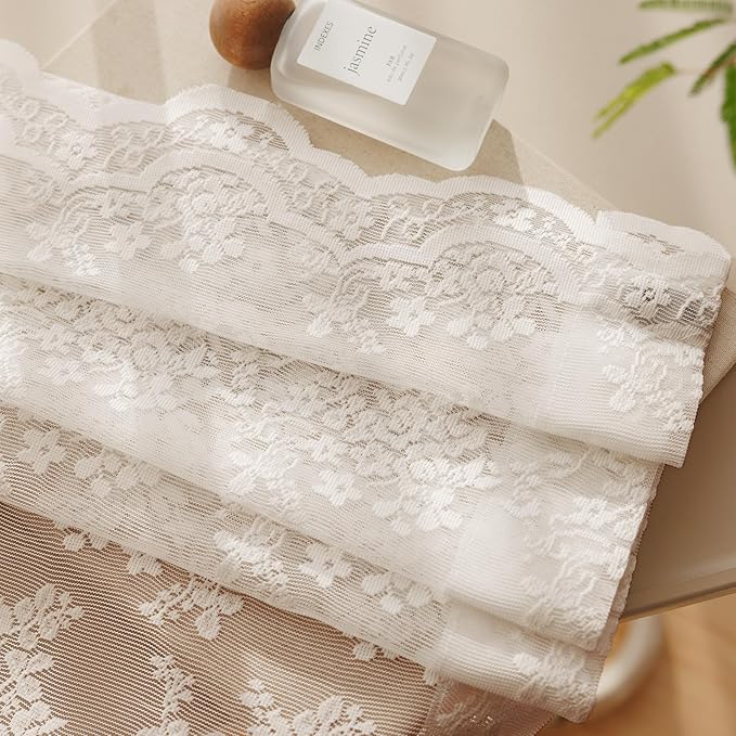 Anmao Vintage Lace Curtains 84 Inches Long 2 Panels Set, Romantic Elegant Light Filtering Semi Sheer Floral Thick Lacy Curtain Drapes for Living Room and Bedroom, Each Panel 55W x 84L, Beige Plum
