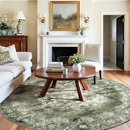 jinchan Round Rug 8ft Area Rug - Green Vintage Floor Mat Kitchen Indoor - Washable Circle 8' Thin Floral Print Christmas Carpet Retro Farmhouse Non Slip Dining Room Living Room Bedroom Office