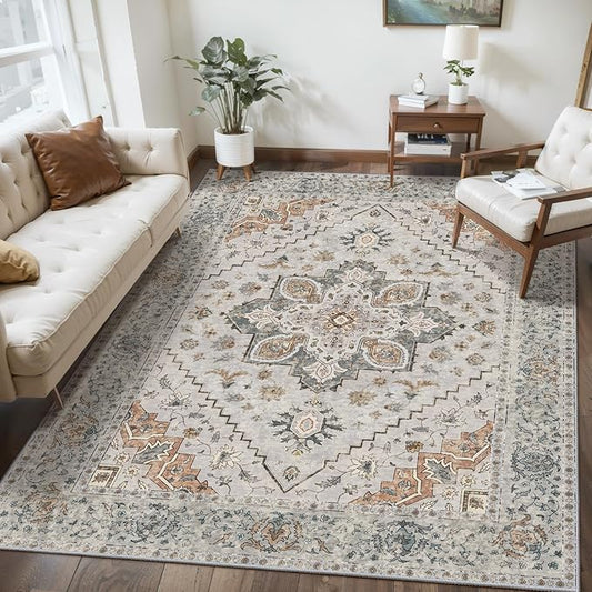 Tangsoo 3x5 Bedroom Rug, Washable Vintage Indoor, Area Rug Non Slip Accent Rug, Print Distressed Grey Carpet, Soft Low Pile for Living Room Dorm Bedroom Bedside Entryway Bathroom