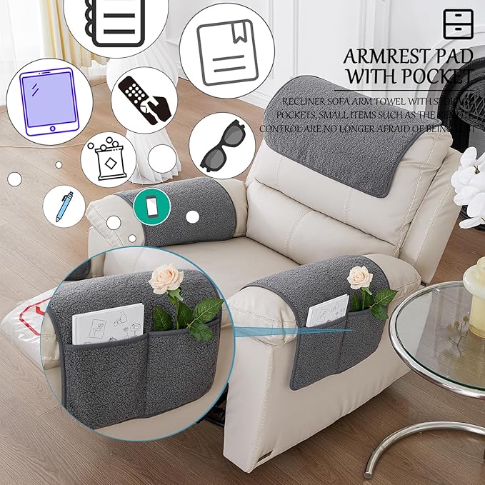 Armrest Cover, Recliner Chair Protector, Furniture Protector Slip, Side Storage Pocket, Stretch Armchair Couch Arm Rest Cover for Recliner, Chair, Sofa (Light Gray,3 Seater(5pcs))