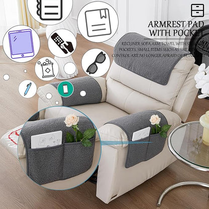 Armrest Cover, Recliner Chair Protector, Furniture Protector Slip, Side Storage Pocket, Stretch Armchair Couch Arm Rest Cover for Recliner, Chair, Sofa (Light Gray,3 Seater(5pcs))