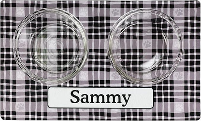 Drymate Personalized Pet Bowl Placemat, Custom Dog & Cat Food Feeding Mat - Absorbent Fabric, Waterproof Backing - Machine Washable/Durable (USA Made) (12" x 20") (Black Paw Plaid)