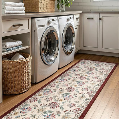 jinchan Elora 3x10 Floral Runner Rug for Hallway Washable Runner Vintage Romance Christmas Design Non Slip Thin Indoor Floor Cover Low-Profile Throw Carpet for Entryway Bathroom Bedroom, Red/Beige
