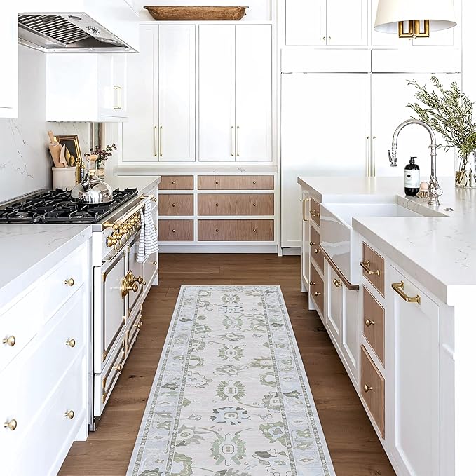 Fame Living Cream Beige Oushak Runner Rug, Modern Runners, Vintage, Turkish, Eclectic, Floral, Pastel, Washable, Runner for Hallway, Kitchen, Bedroom, Bathroom, 2'5"x9'8"