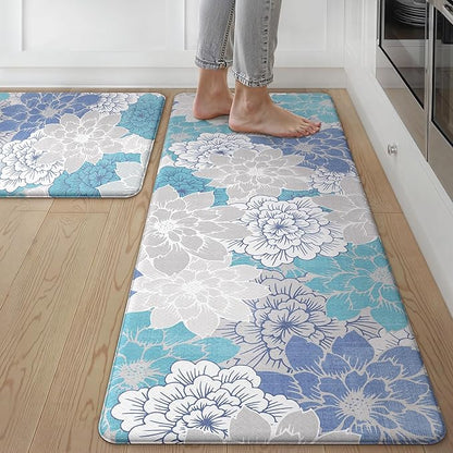 GENIMO Kitchen Mats for Floor, Kitchen Rugs Non Slip Washable Sets of 2, Waterproof Cushioned Anti Fatigue Mat, Floral Runner Rug for Laundry, Sink, Office, Home, 20"x32"+20"x48", Sky Blue