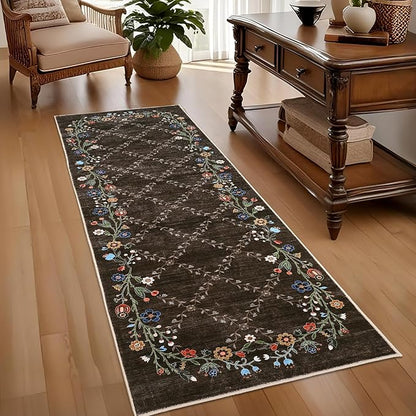 GarveeHome 2x6 Washable Floral Runner Rugs for Hallway: Modern Floral Non Slip Large Runner Rugs for Kitchen, Large Machine Washable Hallways Low Pile Carpet with Non-Slip Backing Brown 2 ft x6 ft.