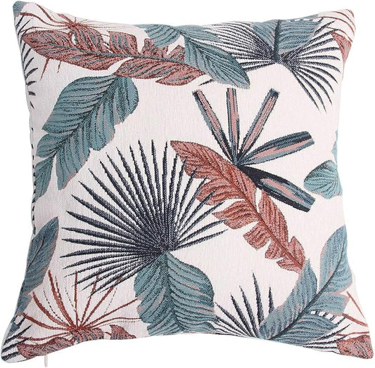 Yeiotsy Throw Pillow Cover, Tropical Leaf Decorative Cushion Case Thick Jacquard Chenille (Teal & Red, 18 x 18 Inches)