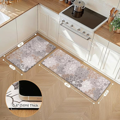 GENIMO Kitchen Mats for Floor, Kitchen Rugs Non Slip Washable Sets of 2, Waterproof Cushioned Anti Fatigue Mat, Floral Runner Rug for Laundry, Sink, Office, Home, 17.3"x47"+17.3"x30", Taupe Grey
