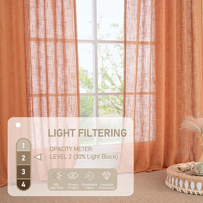 LAMIT Burnt Orange Linen Curtains 45 Inch Length 2 Panels, Light Filtering Panels Back Tab and Rod Pocket Country Decor Drapes for Kitchen/Window/Loft Room/Bedroom, 34 x 45 Inch
