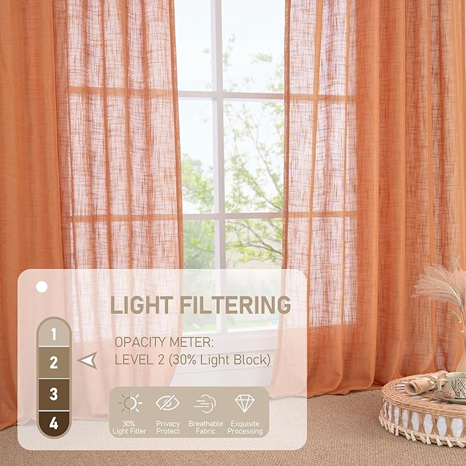 LAMIT Burnt Orange 72 inch Linen Curtains for Living Room 2 Panels, Linen Textured Light Filtering Semi Sheer Back Tab and Rod Pocket Curtain Panels for Bedroom/Farmhouse, 52 x 72 Inch
