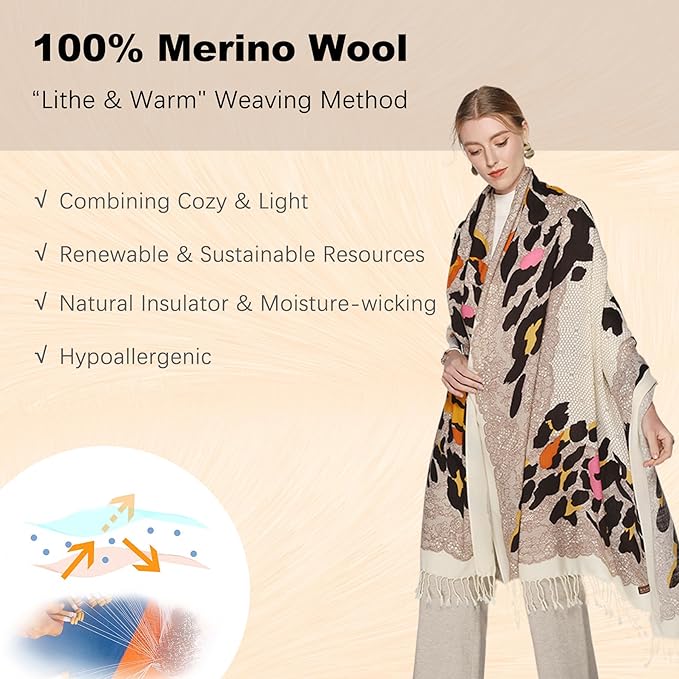 DANA XU 100% Merino Wool Pashmina Shawl for Women 96"x43", Oversized Cashmere Wrap with Tassels, Floral Travel Blanket Cape