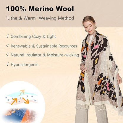 DANA XU 100% Merino Wool Pashmina Shawl for Women 96"x43", Oversized Cashmere Wrap with Tassels, Floral Travel Blanket Cape