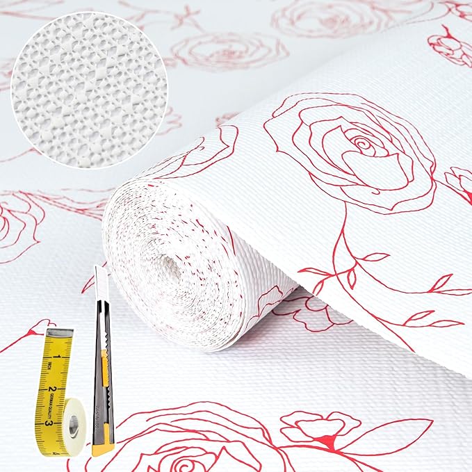 Shelf Liners for Kitchen Cabinets 17in x 20FT Non Adhesive Drawer Liner Red and White Floral Thickened Shelf Liner Paper Strong Non-Slip Easy to Clean for Tool Box with Knife and Tape Measure