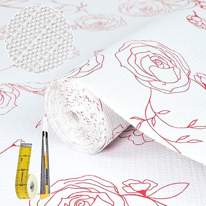 Shelf Liners for Kitchen Cabinets 12in x 20FT Non Adhesive Drawer Liner Red and White Floral Thickened Shelf Liner Paper Strong Non-Slip Easy to Clean for Tool Box with Knife and Tape Measure