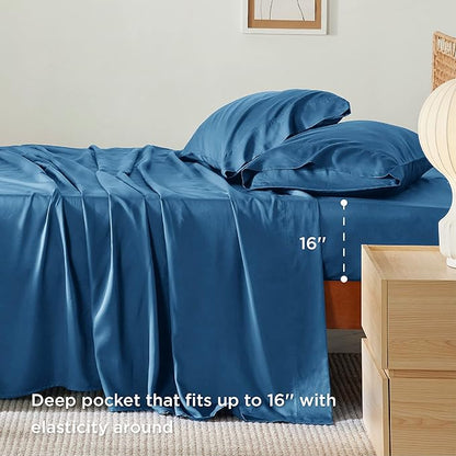 Bedsure Queen Sheet Set, Rayon Derived from Bamboo, Cooling Sheets, Deep Pocket Up to 16", Breathable & Soft, Hotel Luxury Silky Bedding for Hot Sleepers, Teal