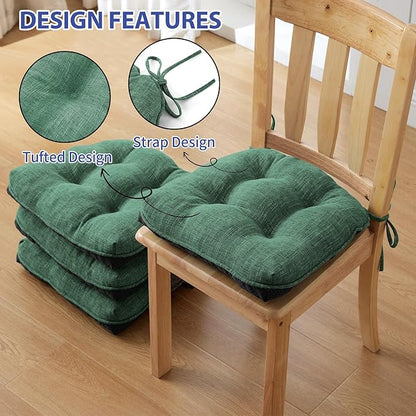 Chair Cushions for Dining Chairs Set of 4, Kitchen Chair Cushions, Chair Pads with Ties Non Slip Backing, Christmas Room Decor, Tufted Memory Foam Seat Cushion 4 Pack, 15.5x15.5x4, Dark Green