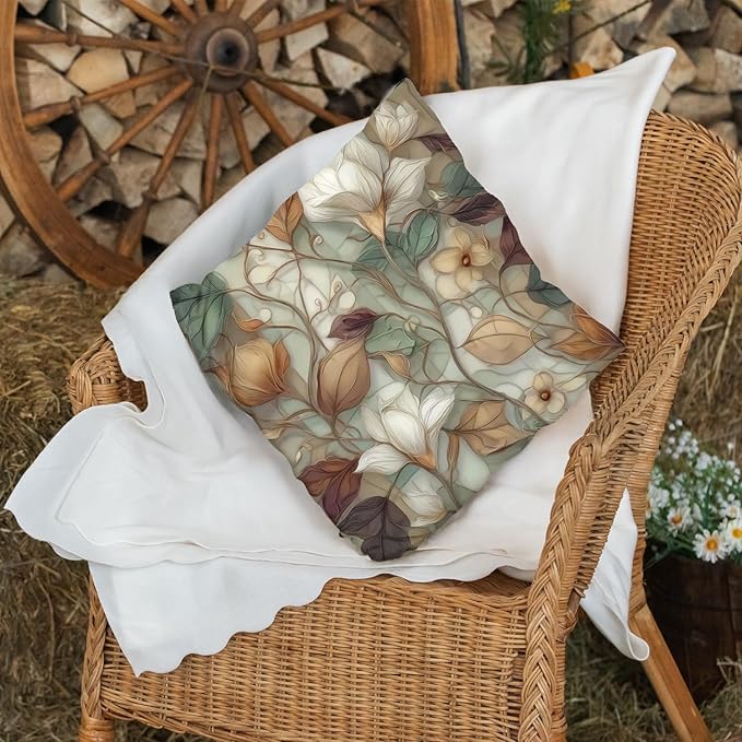 Vintage Floral Throw Pillow Covers, Vintage Flower Pattern Double Sided Cushion Cover, Indoor and Outdoor Home Art Decor Pillowcase for Sofa or Bedroom Decor 18x18inches (Flower&Leaves, 18x18inches)