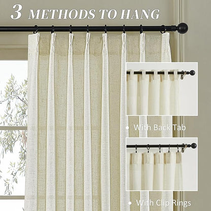 MASWOND Natural Pinch Pleated 108 Inch Curtains 2 Panels for Living Room Semi Sheer Linen Curtains Pinch Pleat Drapes for for Living Room Pinch Drapes with Hooks 50" Wx108 L