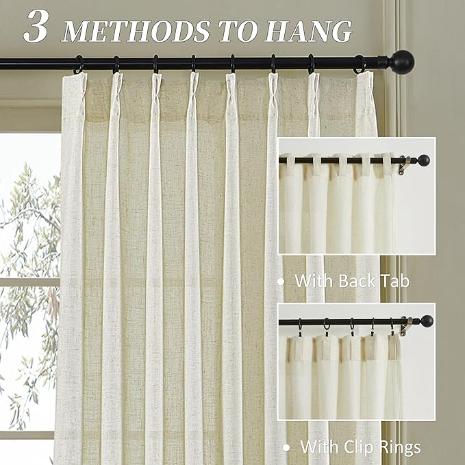 MASWOND Pinch Pleated Linen Sheer Curtains 84 Inch Length 2 Panels for Living Room Bedroom Semi Sheer Window Curtain Boho Neutral Back Tab Pinch Pleat Drape Easy Hanging Via Hooks Linen W38xL84