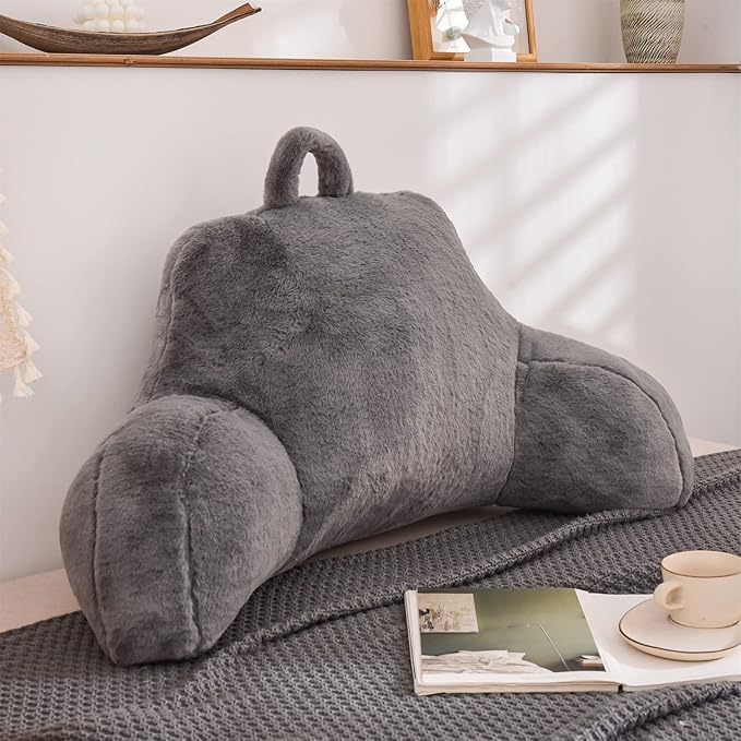 Aimuan Reading Pillow Bed Rest Wedge Large Adult Backrest Pillow with Arms Back Support for Sitting Up in Bed Cushion Incline Rest Sleeping Snoring Pillow, Grey Large