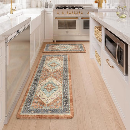 KIMODE Anti Fatigue Kitchen Mat 20"x47"+20"x32", Boho Distressed Kitchen Rugs Sets of 2, Kitchen Mats for Floor Cushioned Non Slip, Comfort Kitchen Floor Mats for Sink, Laundry, Desk Orange
